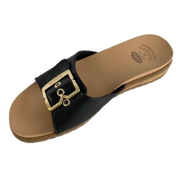Dr. Scholl's Slide Sandals Women 8W Black Get it Movin Iconic Buckle Flats Beach - Picture 1 of 7